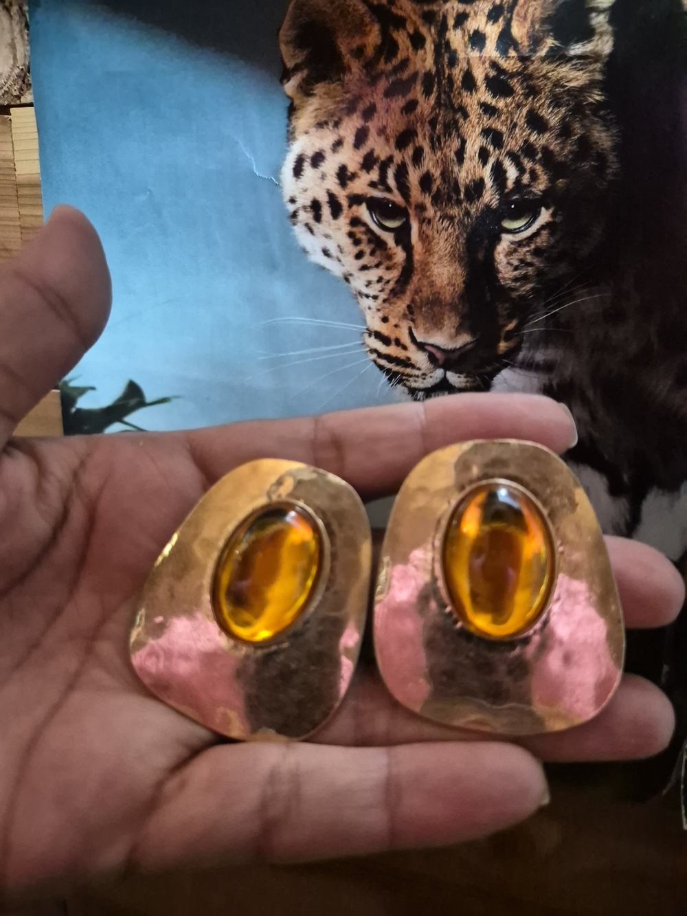Gold-Tone Amber Cabochon Statement Clip-On Earrings
